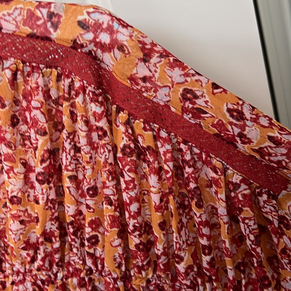 Free People Lorraine Tier Kimono Bohemian Print tie-Front Top Cardi Rust Lace L - Picture 5 of 12